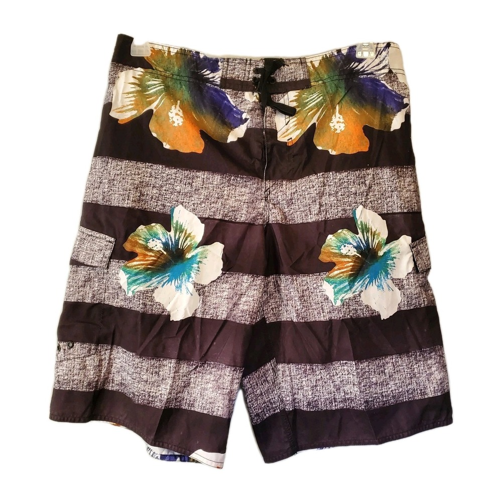 Hang Ten Swim Shorts Mens Size Large Gray And Black With Flower Designs